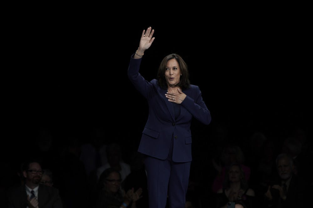 Democratic presidential candidate Sen. Kamala Harris speaks during the Iowa Democratic Party's Liberty and Justice Celebration, Friday, Nov. 1, 2019, in Des Moines, Iowa. (AP Photo/Nati Harnik)