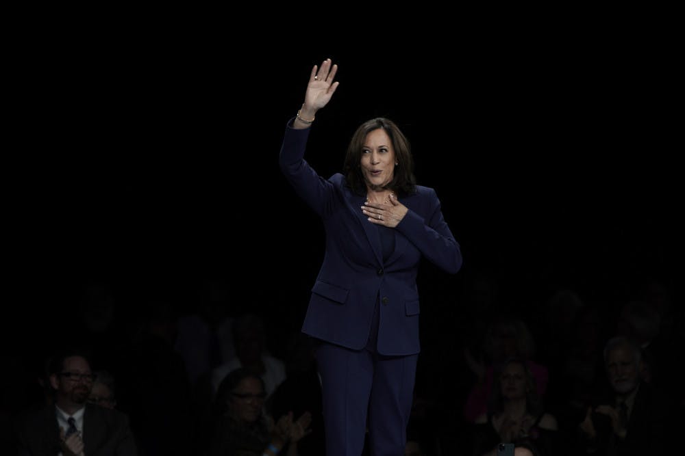 <p>Democratic presidential candidate Sen. Kamala Harris speaks during the Iowa Democratic Party's Liberty and Justice Celebration, Friday, Nov. 1, 2019, in Des Moines, Iowa. (AP Photo/Nati Harnik)</p>