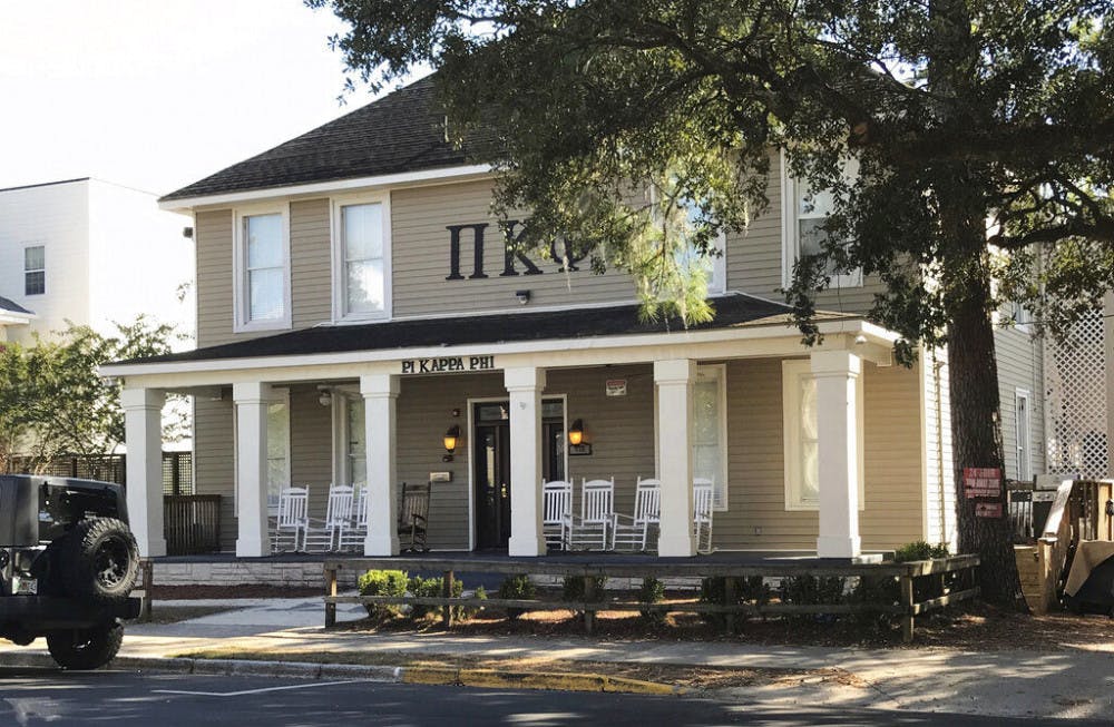 FILE - This Nov. 7, 2017 file photo shows the Pi Kappa Phi fraternity house near Florida State University in Tallahassee, Fla. Andrew Coffey should have been graduating from Florida State University with his classmates this May 2019, but his life was cut short when he was pressured into drinking an entire bottle of 101-proof Wild Turkey bourbon in a Pi Kappa Phi fraternity hazing ritual. Now his parents are pleading the Florida Legislature to pass a bill that expands the state's anti-hazing laws.&nbsp;(AP Photo/Joseph Reedy, file)