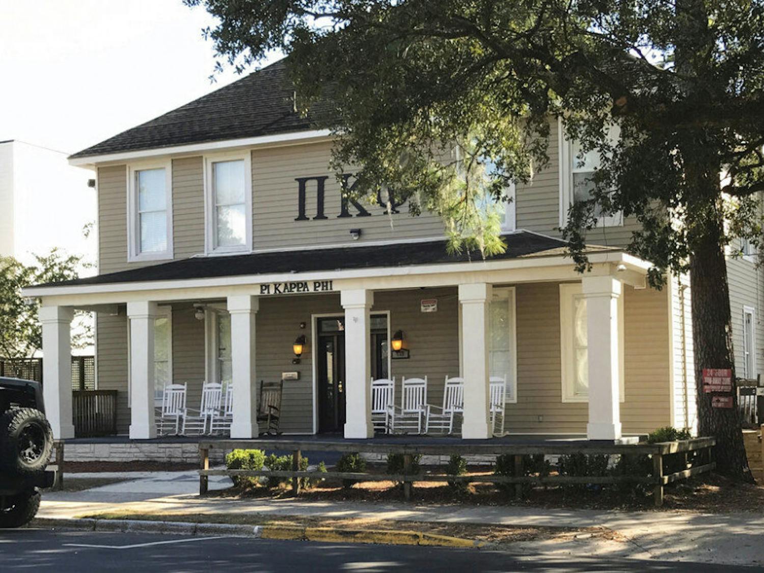 FILE - This Nov. 7, 2017 file photo shows the Pi Kappa Phi fraternity house near Florida State University in Tallahassee, Fla. Andrew Coffey should have been graduating from Florida State University with his classmates this May 2019, but his life was cut short when he was pressured into drinking an entire bottle of 101-proof Wild Turkey bourbon in a Pi Kappa Phi fraternity hazing ritual. Now his parents are pleading the Florida Legislature to pass a bill that expands the state's anti-hazing laws.&nbsp;(AP Photo/Joseph Reedy, file)