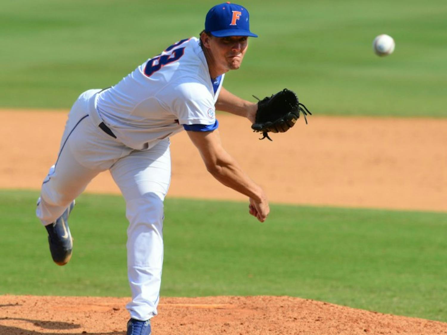 Jonathon Crawford throws against Arkansas on April 29. Crawford lowered his ERA to 3.34 after giving up one unearned run in 5.2 innings against Auburn on Tuesday.
