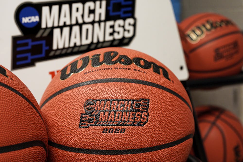 <p>Official March Madness 2020 tournament basketballs are seen in a store room at the CHI Health Center Arena, in Omaha, Neb., Monday, March 16, 2020.</p>