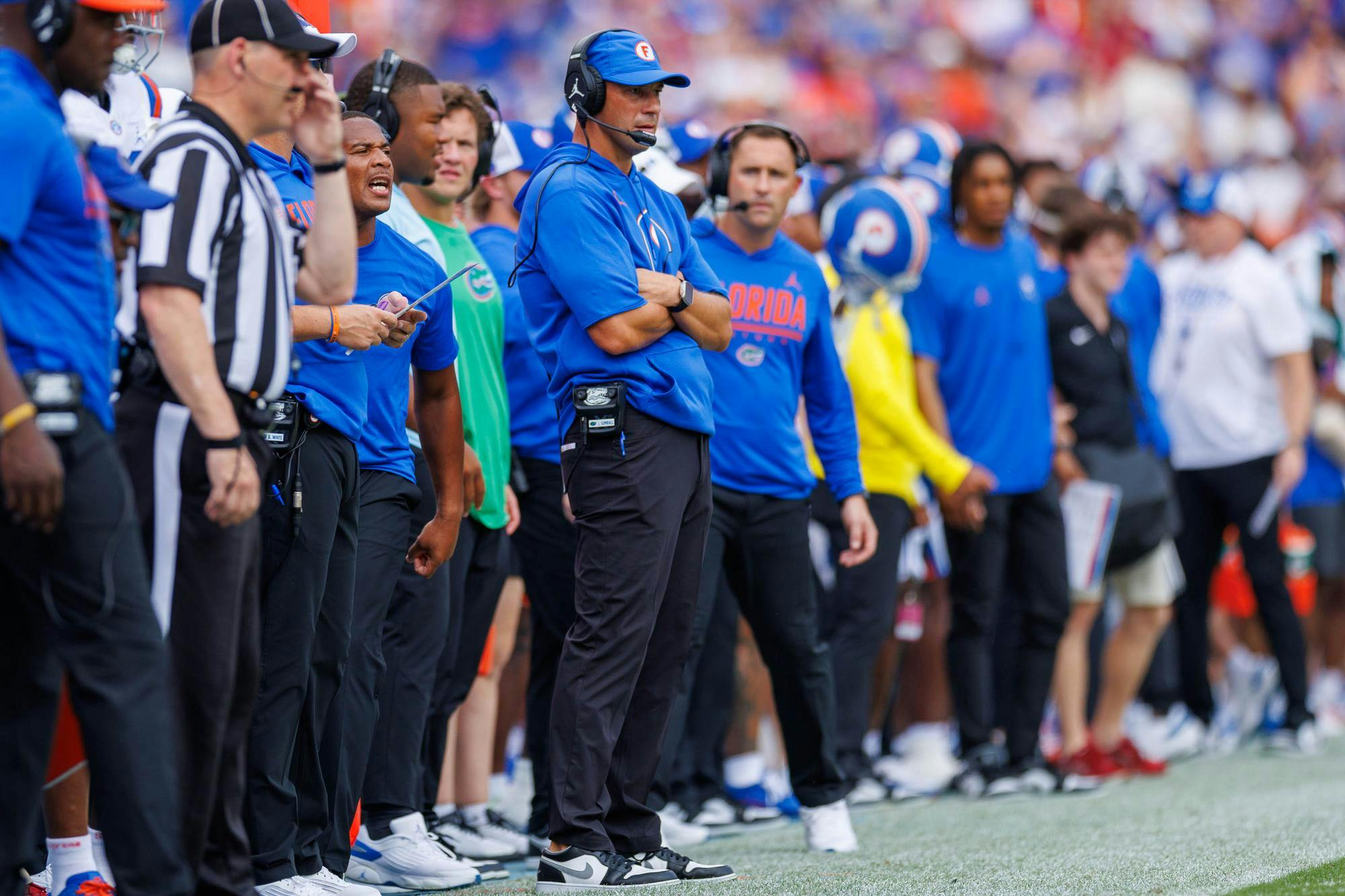 Florida head coach Jon Sumrall stands on the sidelines during the first half of an NCAA college football game against South Carolina, Saturday, Oct. 10, 2026, in Gainesville, Fla.
