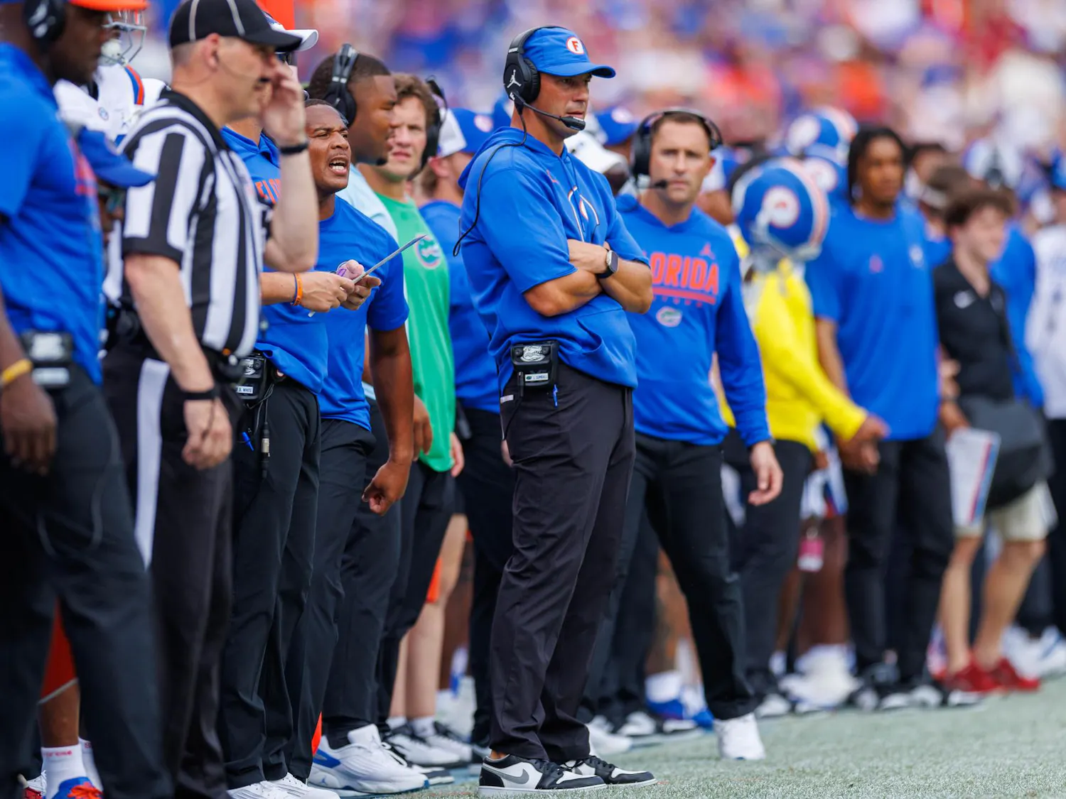 Florida head coach Jon Sumrall stands on the sidelines during the first half of an NCAA college football game against South Carolina, Saturday, Oct. 10, 2026, in Gainesville, Fla.