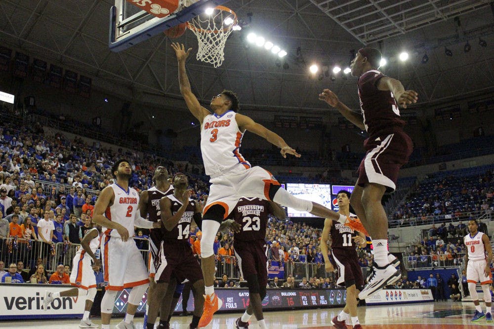 <p>Devin Robinson goes for a layup during Florida's win against Mississippi State on Jan. 19, 2016, in the O'Connell Center.</p>
