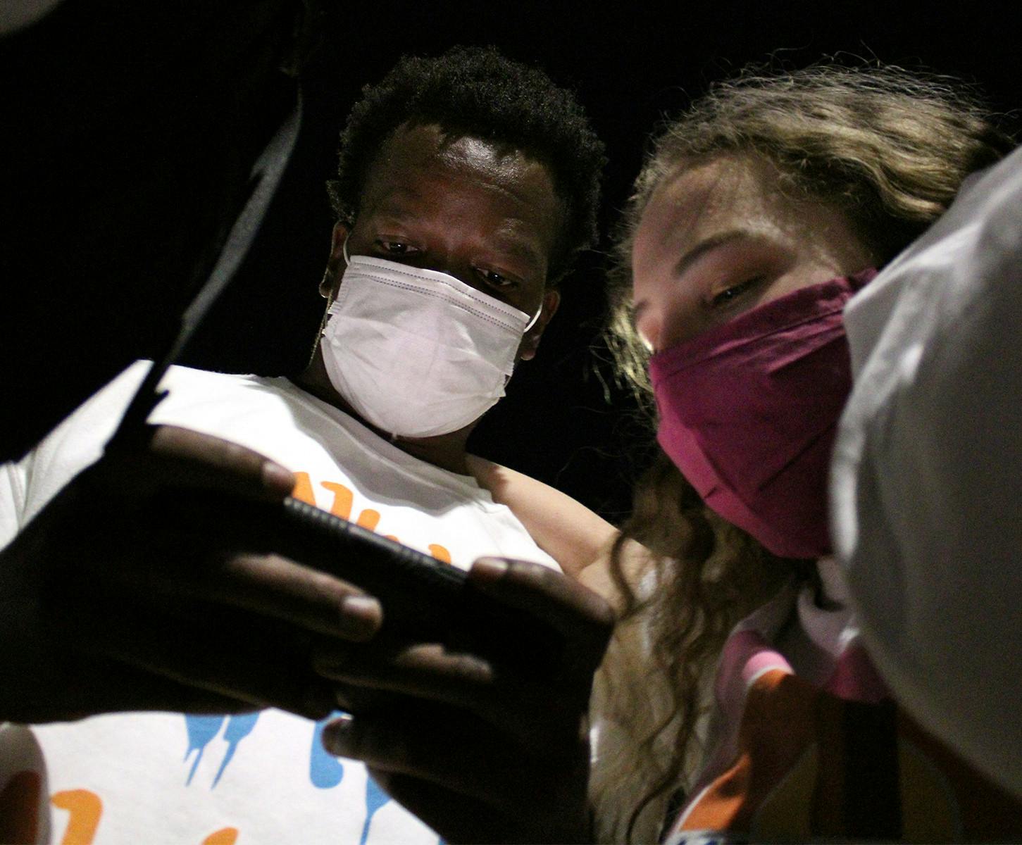 Wynton White (left) and Amy Nicholas (right), Change Party's candidates for Student Body president and treasurer, watch a live stream of the UF Student Government election results on Wednesday, February 24, 2021. Gator Party won the executive ticket.