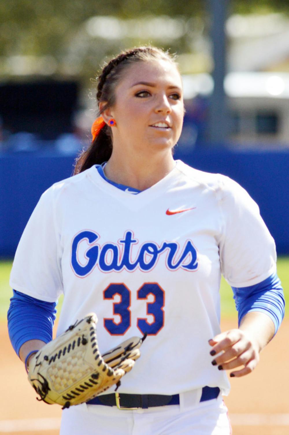 <p>Delanie Gourley walks off the field during UF’s win against Ole Miss on March 9 at Katie Seashole Pressly Stadium.</p>