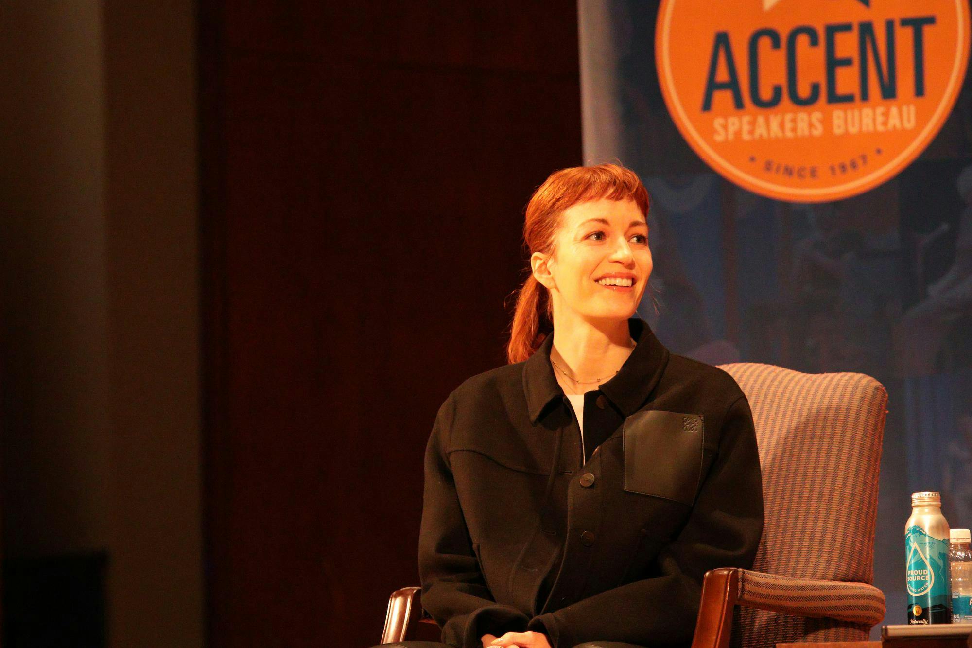 Britt Lower (from the Apple TV Show Severance) speaks at the University of Florida's auditorium.