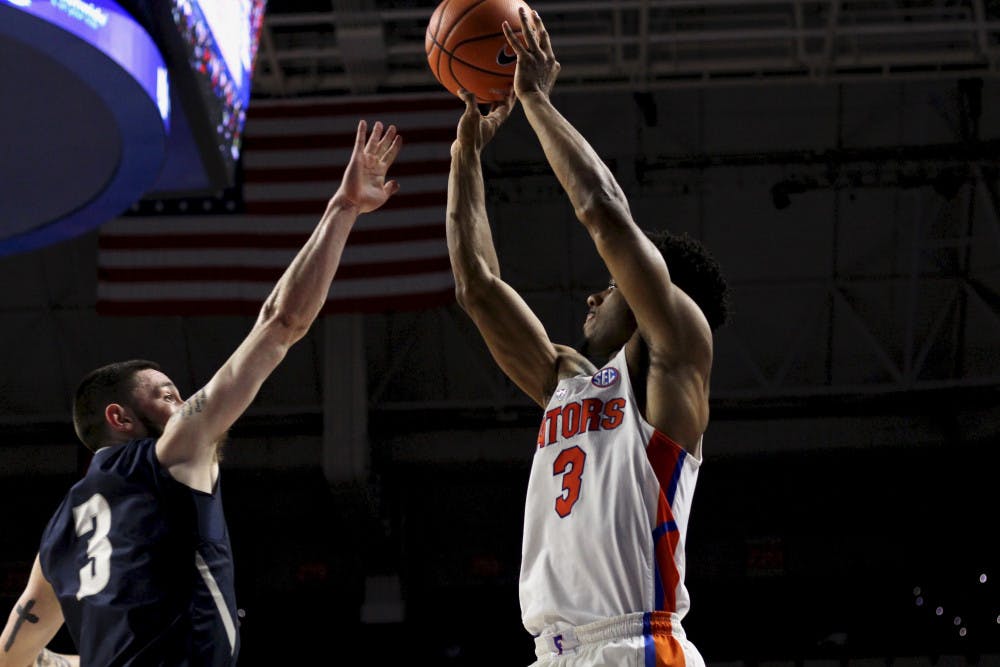 <p>UF guard Jalen Hudson scored 17 points off four three-pointers in Florida's 108-87 win against Stanford on Thursday in the Phil Knight Invitational.</p>