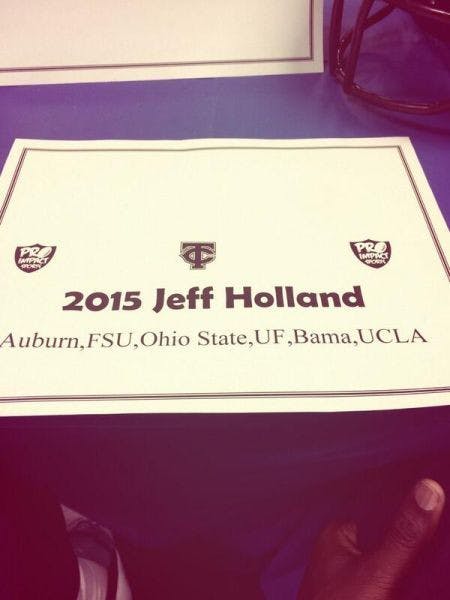 Trinity Christian Academy outside linebacker Jeffrey Holland, a 2015 recruit, narrows down his choices to six schools Thursday morning.