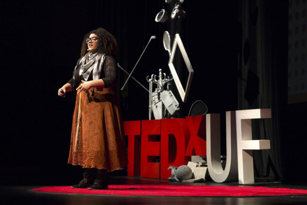 <p>Veronica Hernandez, a UF digital arts and sciences senior, speaks about video games and apathy during the 2016 TEDxUF. “The world is under attack,” the 21-year-old said. “Apathy isn’t just a villain, it’s a supervillain.”</p>