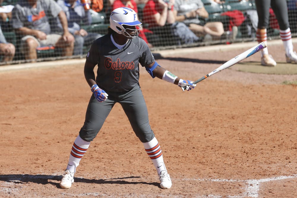 TAMPA, FL - FEBRUARY 11: Jaimie Hoover bats during an NCAA Softball game between the St. John's Red Storm and Florida Gators on February 11, 2017, at the USF Softball Stadium in Tampa, FL. (Photo by Mark LoMoglio)