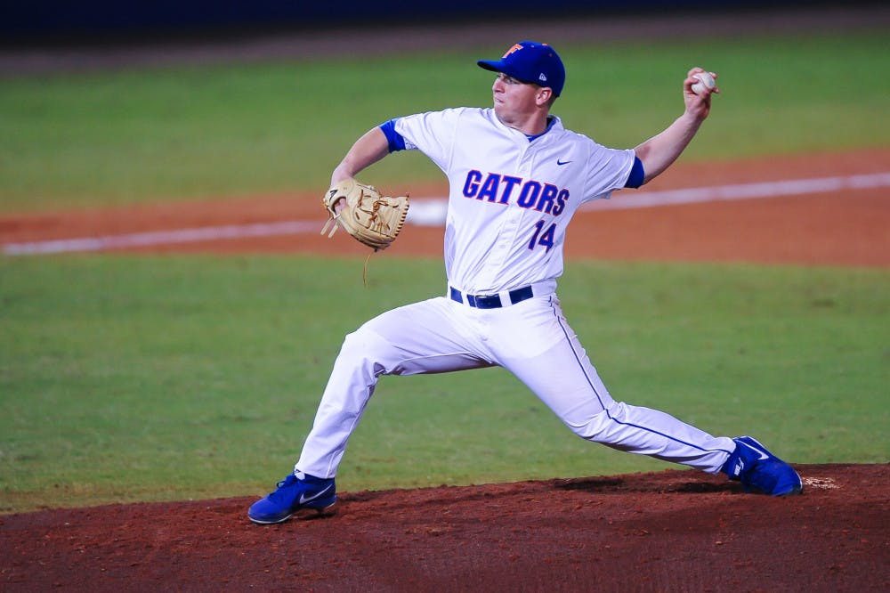 <p>Bobby Poyner pitched 5.1 innings in No. 23 Florida's 4-0 opening night victory over Maryland.</p>