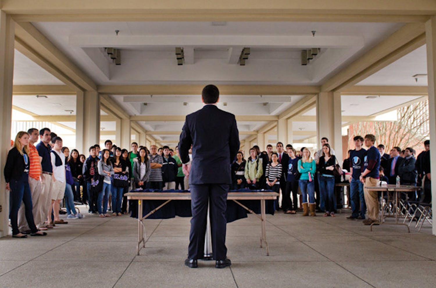 Student Senate President Ben Meyers formally announces his candidacy for Student Body president to a crowd of Unite Party members Jan 25, 2011 at the Reitz Union Colonnade.