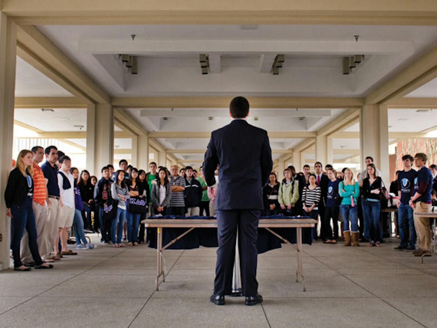 Student Senate President Ben Meyers formally announces his candidacy for Student Body president to a crowd of Unite Party members Jan 25, 2011 at the Reitz Union Colonnade.