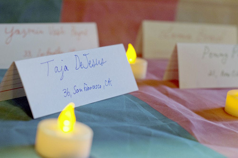 <p>Pictured is a folded card reading “Taja DeJesus,” who was the fourth trans woman of color to die violently in the U.S. in 2015. The card was placed as part of a vigil on Turlington Plaza on Monday night in memory of trans women who have been killed violently.</p>