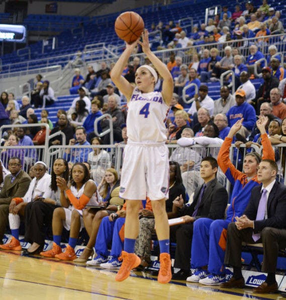 Carlie Needles attempts a three-point shot against Arkansas in the O’Connell Center on Thursday. Needles scored 17 points on 5-of-8 shooting in UF’s 82-68 loss to LSU on Sunday in Baton Rouge, La.