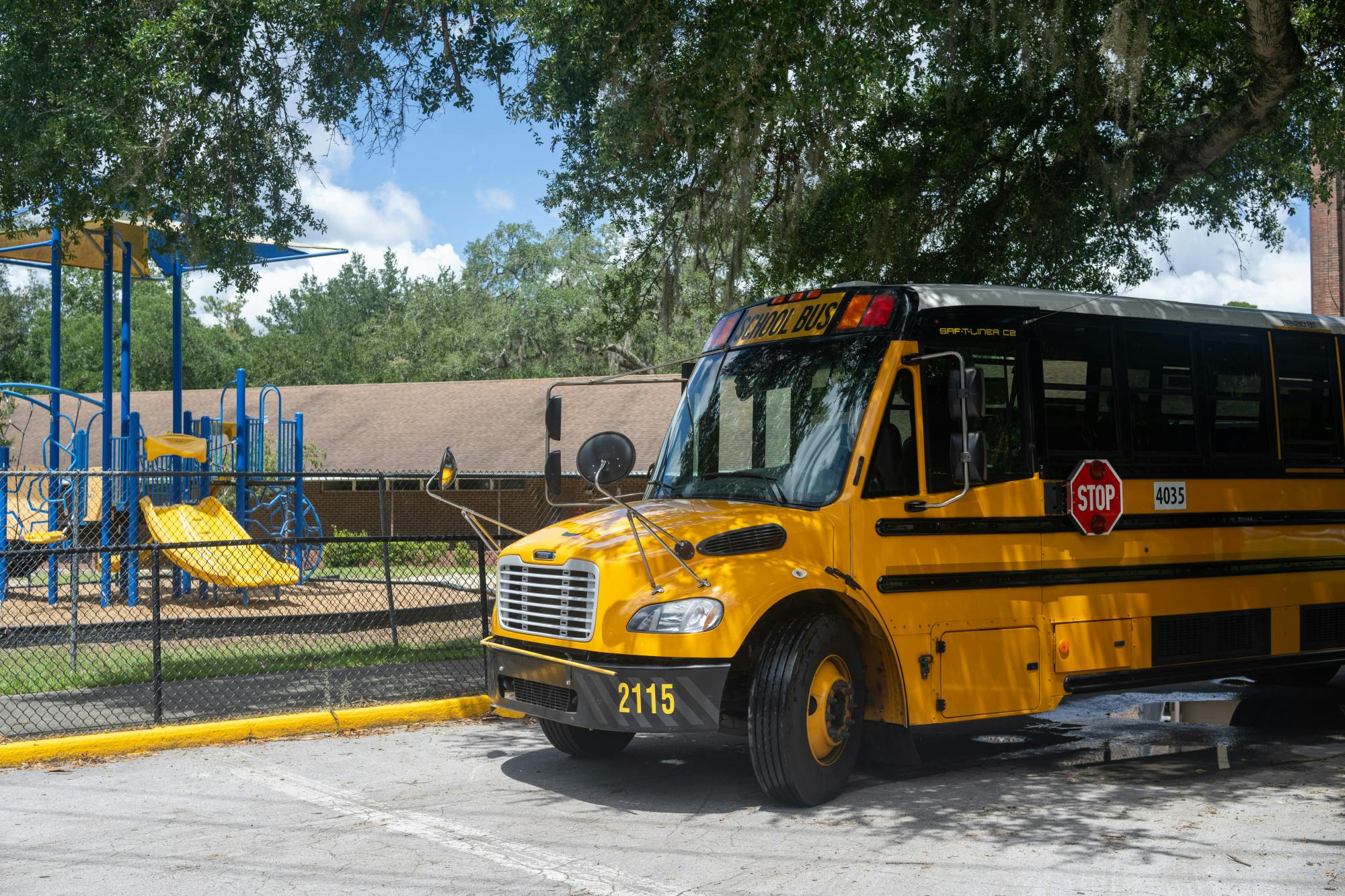School buses arrive and wait for students to dismiss at Carolyn Beatrice Parker Elementary School in Gainesville, Florida on August 29, 2024.
