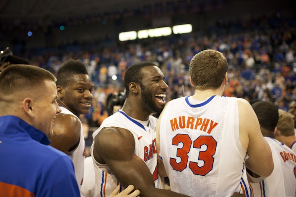 <p class="p1"><span class="s1">Florida celebrates a 66-40 win against Vanderbilt on March 6 in the O’Connell Center. The Gators clinched the Southeastern Conference regular season title with the victory.</span></p>