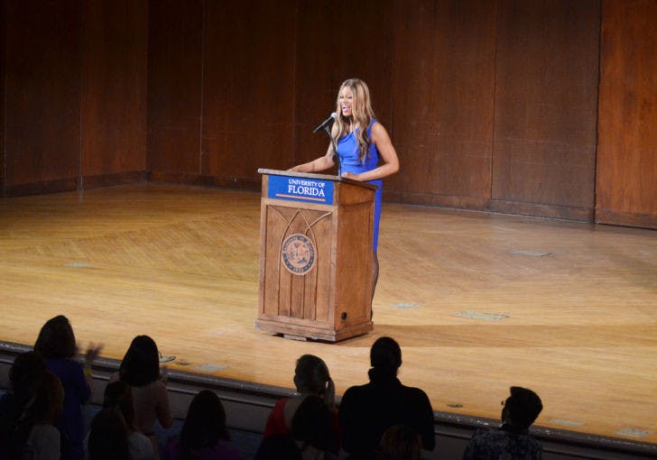 Laverne Cox, famous for her role in “Orange Is The New Black,” talks about her journey as a transgender woman to students at the University Auditorium on Monday evening. About 690 people attended the speech.