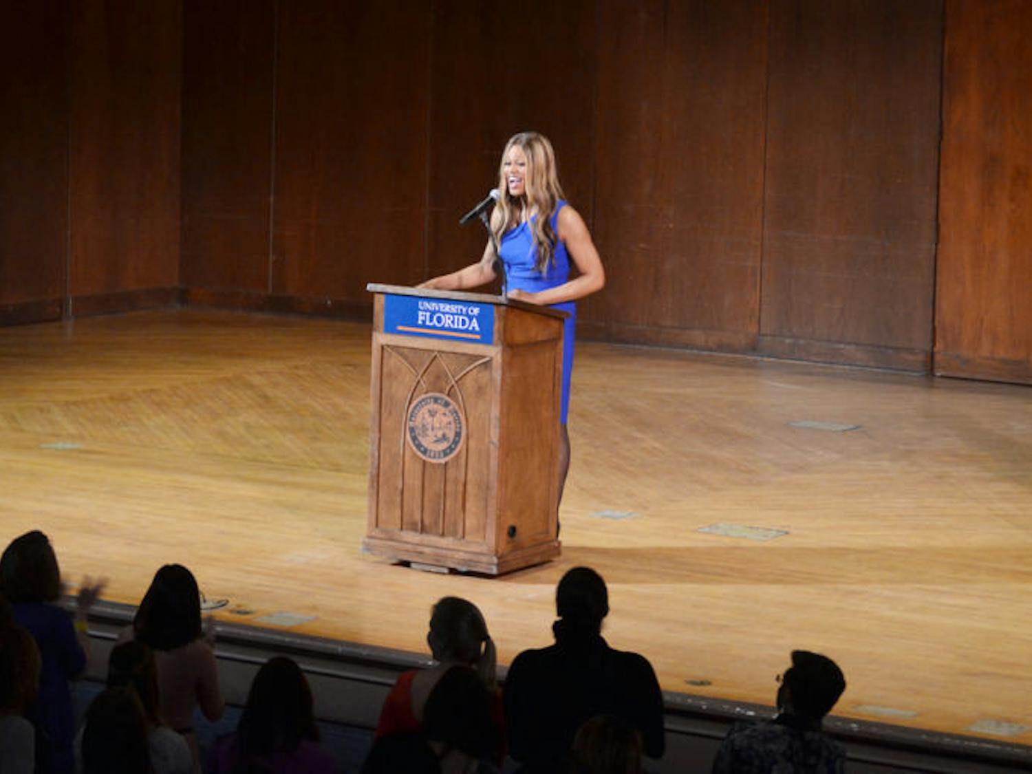 Laverne Cox, famous for her role in “Orange Is The New Black,” talks about her journey as a transgender woman to students at the University Auditorium on Monday evening. About 690 people attended the speech.