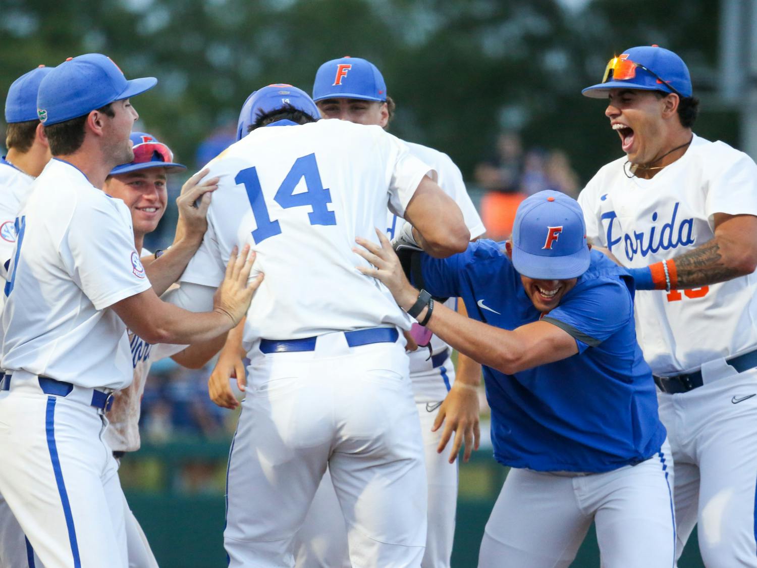 Florida sophomore two-way player Jac Caglianone celebrates with his teammates during the Gators' 10-0 win against Vanderbilt Friday, May 12, 2023. 