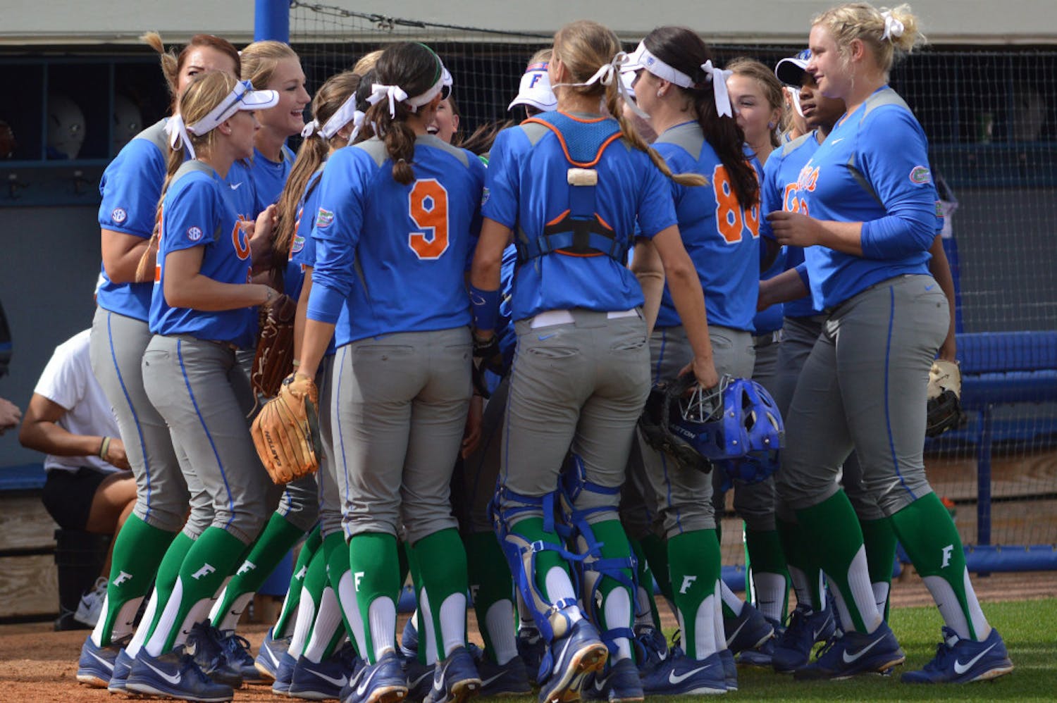 The Gators softball team huddles together prior to the start of Florida's 2-0 win against Ole Miss on March 9 at Katie Seashole Pressly Stadium.