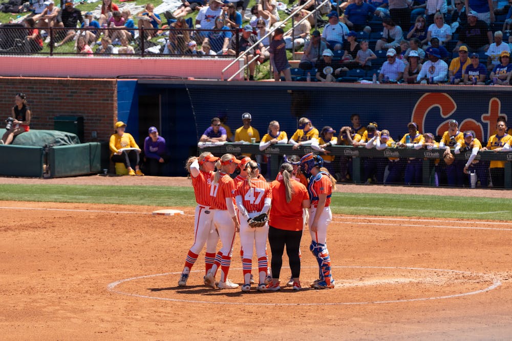 The Florida softball team during a mound visit in its game against the LSU Tigers on Sunday, April 7, 2024. 