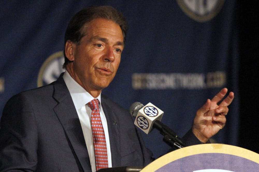 <p>Alabama coach Nick Saban speaks to the media at the Southeastern Conference Media Days on Thursday in Hoover, Ala.</p>