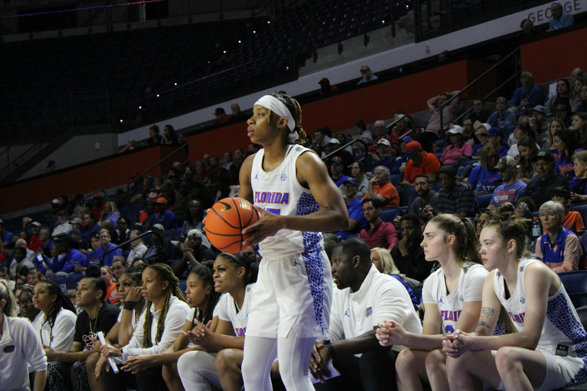 Florida junior guard Nina Rickards holds the ball against the Georgia Bulldogs, Sunday, Jan. 8, 2023. 