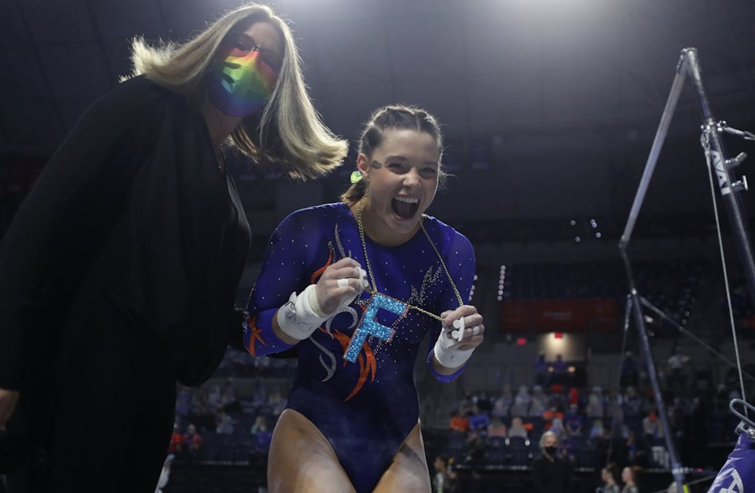 Senior Megan Skaggs was the first Florida gymnast to sport the shiny pendant after she posted a career-high 9.95 on the uneven bars. Photo courtesy of Tiffany Franco.