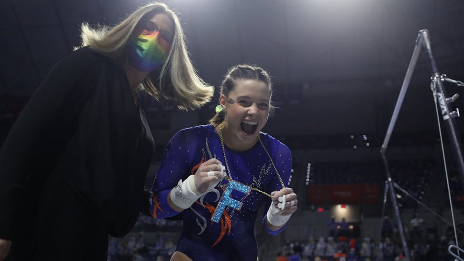 Senior Megan Skaggs was the first Florida gymnast to sport the shiny pendant after she posted a career-high 9.95 on the uneven bars. Photo courtesy of Tiffany Franco.