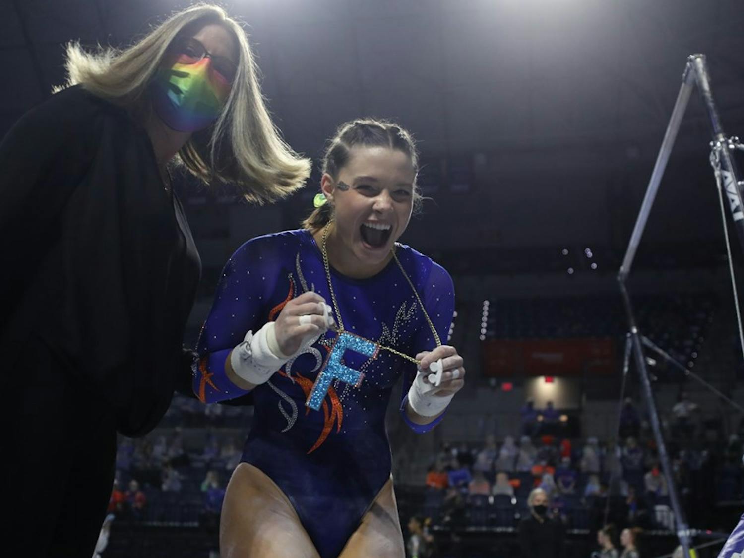Senior Megan Skaggs was the first Florida gymnast to sport the shiny pendant after she posted a career-high 9.95 on the uneven bars. Photo courtesy of Tiffany Franco.