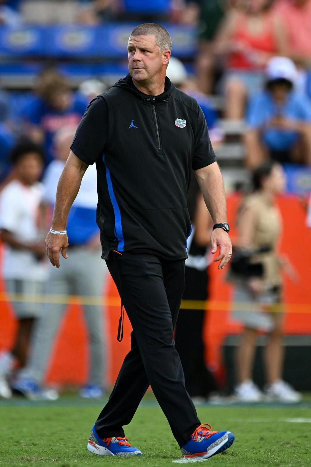 Florida Gators head coach Billy Napier during warmups before a football game between the South Florida Bulls and the Florida Gators on Sept. 6, 2025, at Ben Hill Griffin Stadium in Gainesville, Fla.