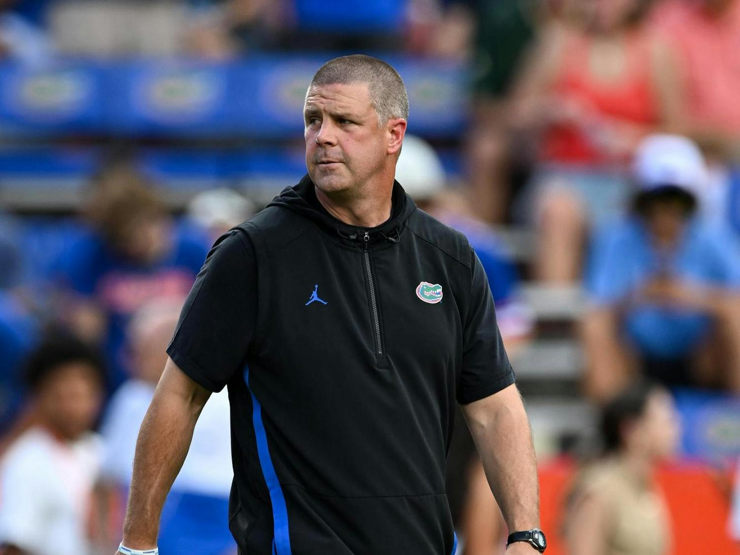 Florida Gators head coach Billy Napier during warmups before a football game between the South Florida Bulls and the Florida Gators on Sept. 6, 2025, at Ben Hill Griffin Stadium in Gainesville, Fla.