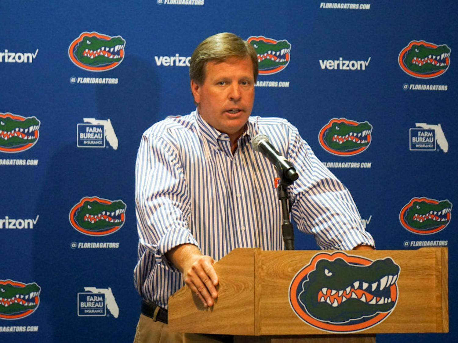Coach Jim McElwain speaks during a press conference on Aug. 3.