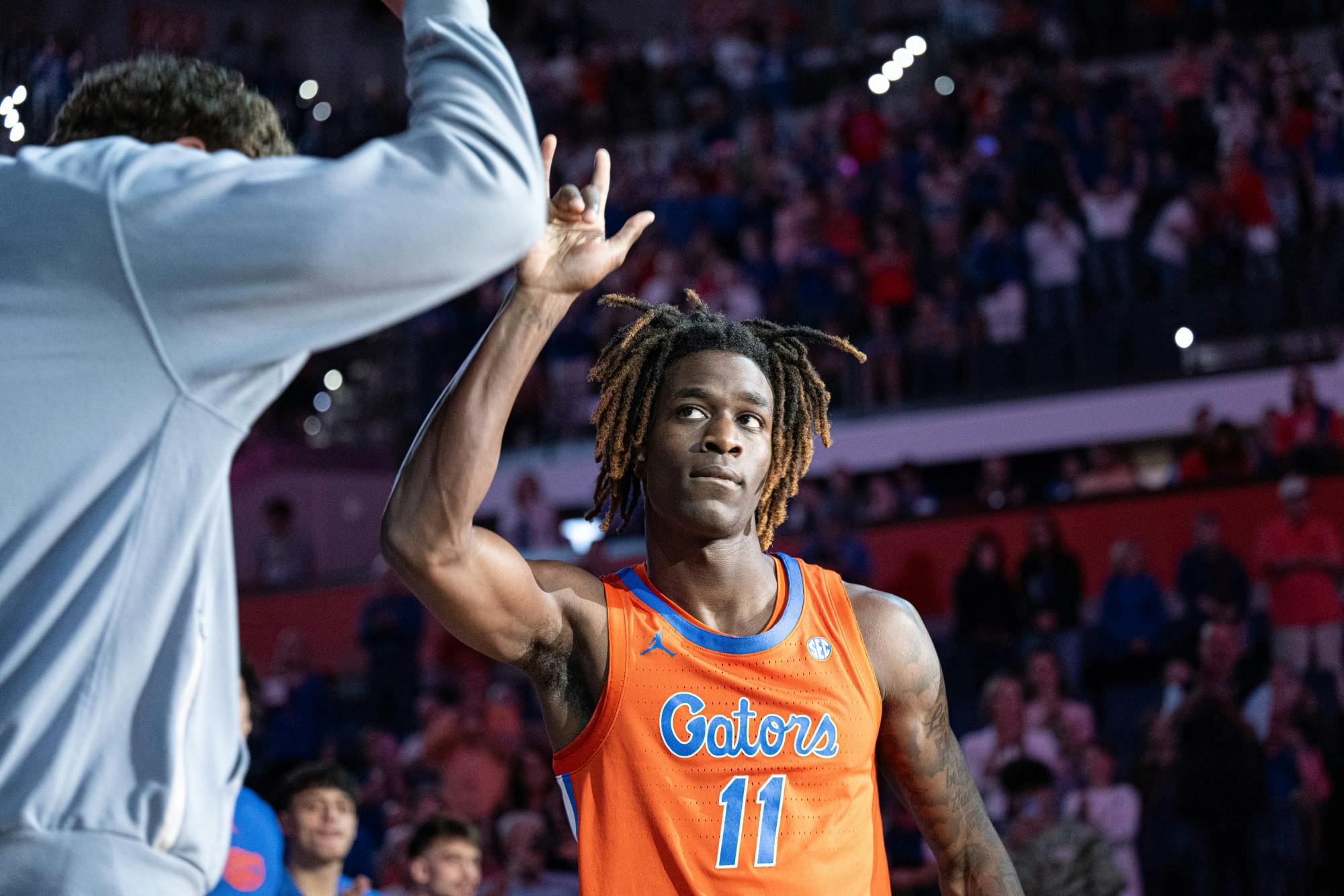 Florida Gators guard Denzel Aberdeen (11) gets ready to start in a basketball game against Vanderbilt in Gainesville, Fla., on Tuesday, Feb. 4, 2025.