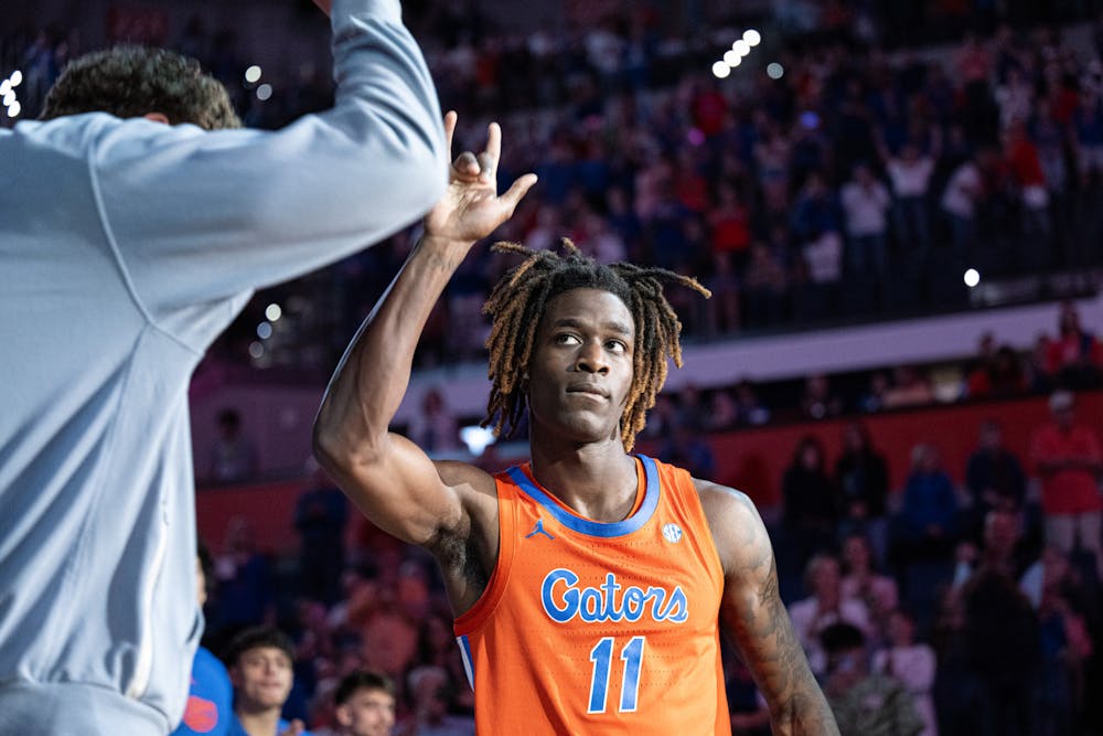 Florida Gators guard Denzel Aberdeen (11) gets ready to start in a basketball game against Vanderbilt in Gainesville, Fla., on Tuesday, Feb. 4, 2025.