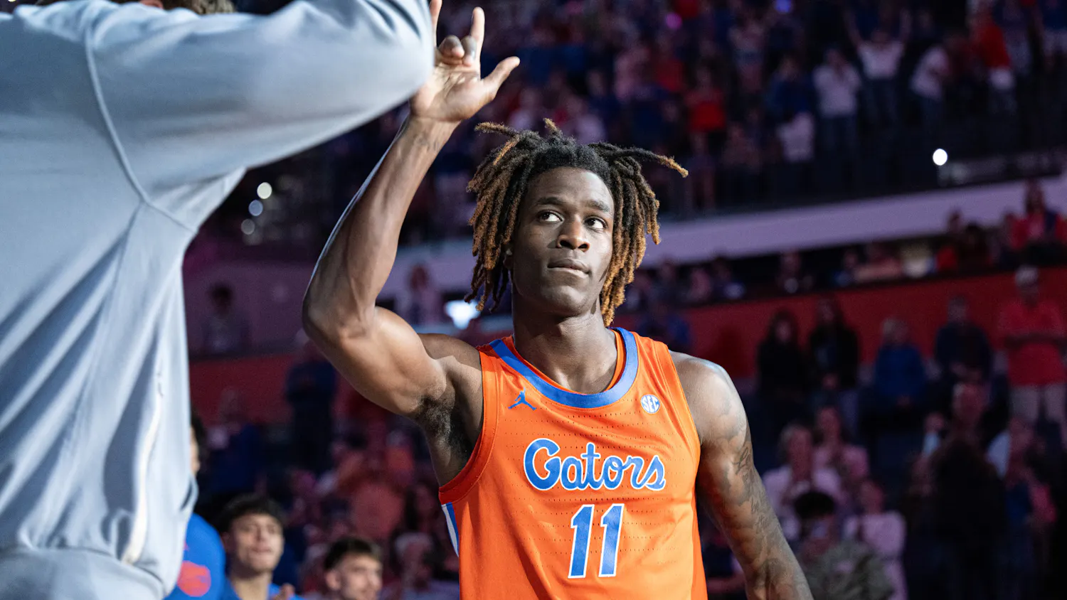 Florida Gators guard Denzel Aberdeen (11) gets ready to start in a basketball game against Vanderbilt in Gainesville, Fla., on Tuesday, Feb. 4, 2025.