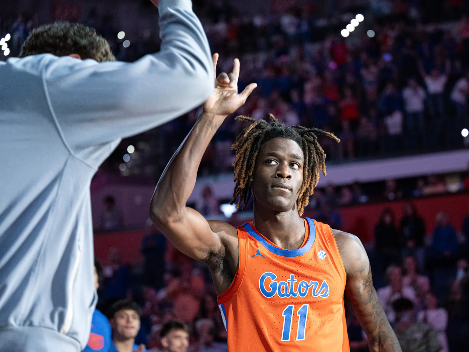 Florida Gators guard Denzel Aberdeen (11) gets ready to start in a basketball game against Vanderbilt in Gainesville, Fla., on Tuesday, Feb. 4, 2025.