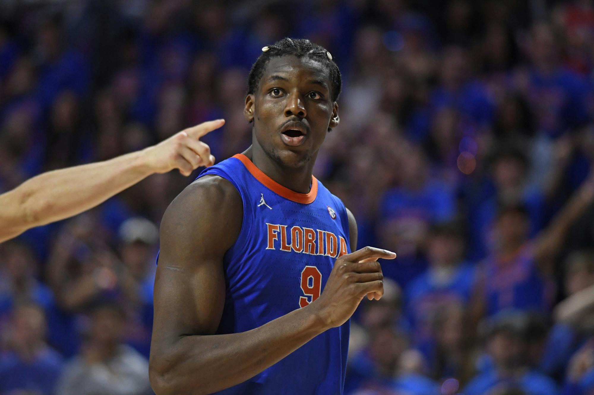 UF basketball player Rueben Chinyelu (9) pictured during the game against the Texas Longhorns on Saturday, January 18, 2025, at the O’Connell Center in Gainesville, Florida.