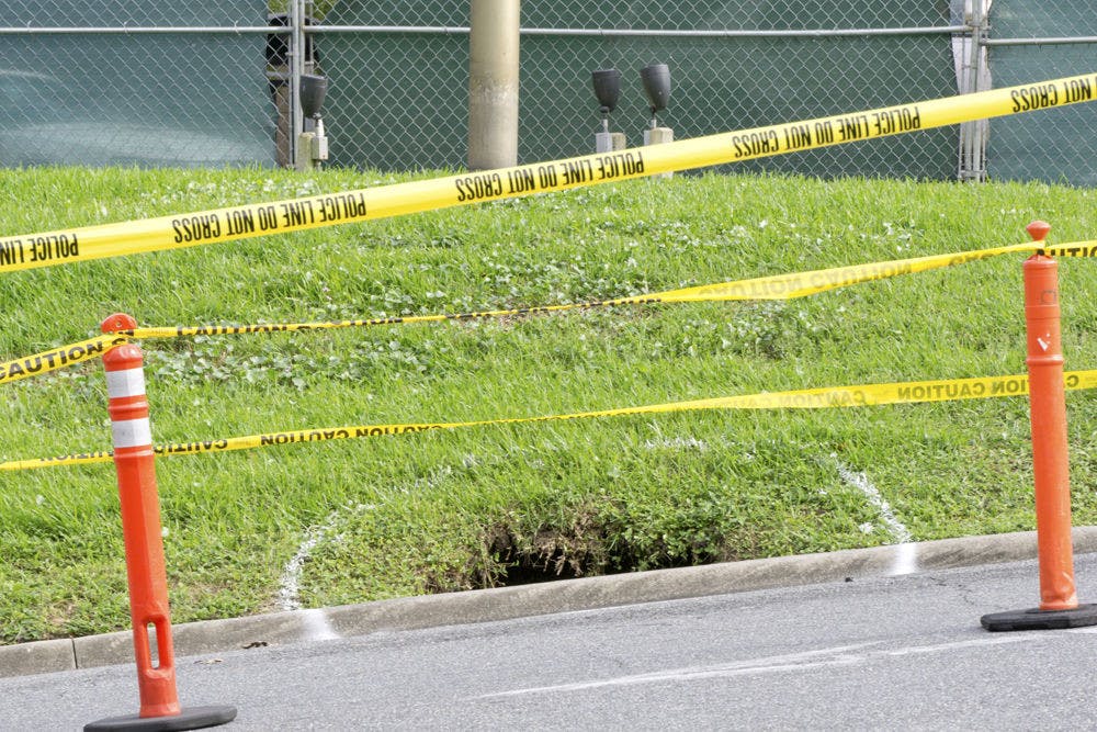 A sinkhole, about 18 feet deep, opened near the main entrance of UF Health Shands Hospital on Nov. 15, 2015.