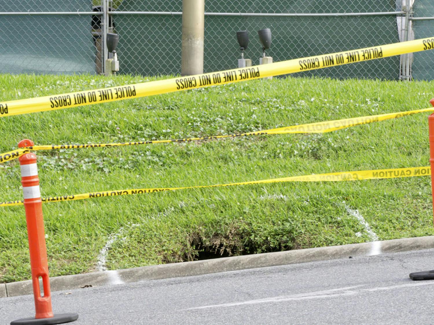 A sinkhole, about 18 feet deep, opened near the main entrance of UF Health Shands Hospital on Nov. 15, 2015.