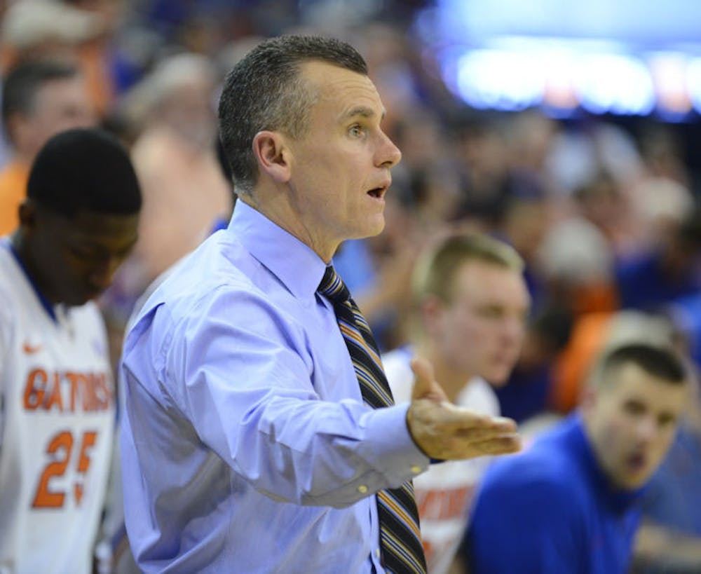 <p>Billy Donovan questions a call during Florida’s 71-66 win over Auburn on Feb. 19. The Gators moved to No. 1 in the Associated Press poll following their win against Ole Miss and former No. 1 Syracuse’s losses to Boston College and Duke.</p>