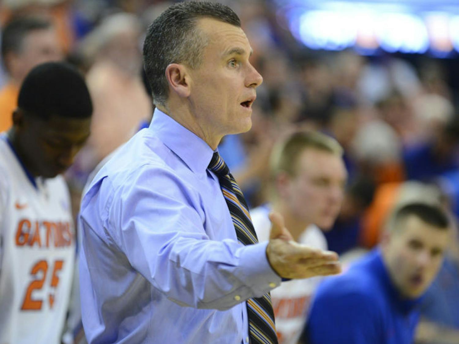 Billy Donovan questions a call during Florida’s 71-66 win over Auburn on Feb. 19. The Gators moved to No. 1 in the Associated Press poll following their win against Ole Miss and former No. 1 Syracuse’s losses to Boston College and Duke.