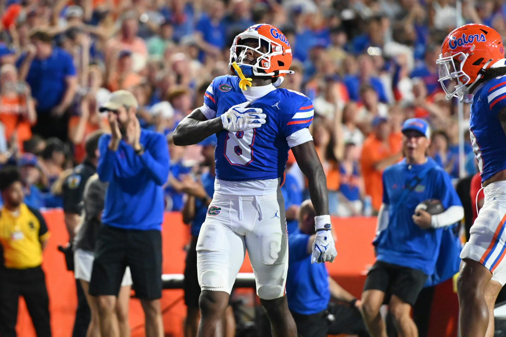 Florida Gators wide receiver Vernell Brown III (8) celebrates after a touchdown against the Long Island Sharks. The Florida Gators defeated the Long Island Sharks at Ben Hill Griffin Stadium in Gainesville, Fla, on Saturday, Aug. 30, 2025.