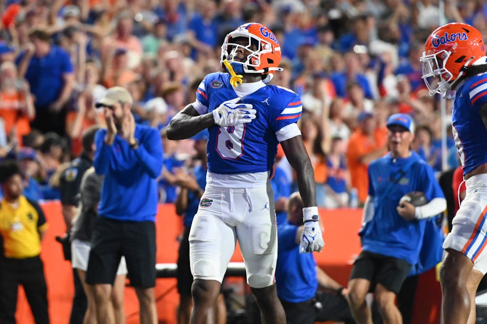 Florida Gators wide receiver Vernell Brown III (8) celebrates after a touchdown against the Long Island Sharks. The Florida Gators defeated the Long Island Sharks at Ben Hill Griffin Stadium in Gainesville, Fla, on Saturday, Aug. 30, 2025.