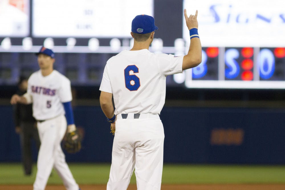 <p>Jonathan India signals to his teammates during Florida's 5-4 win against William &amp; Mary on Feb. 17, 2017, at McKethan Stadium.</p>