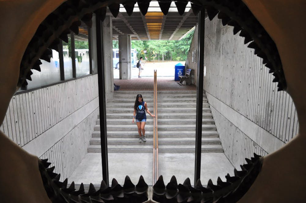 <p>Shelley Greenspan, 20, walks to the ground floor of Dickinson Hall, where the Florida Museum of Natural History used to be, unaware that she is caught between the jaws of a megalodon shark. The replica shark mouth is visible in the lobby of Dickinson Hall, which is located off of Museum Road.</p>