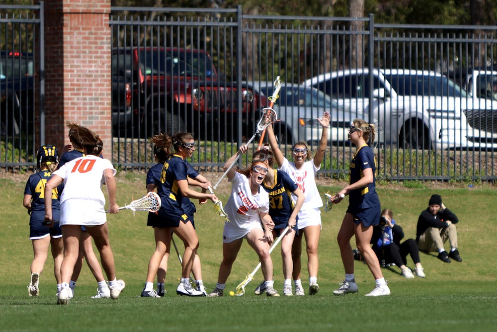 Midfielder Madison Waters celebrates after scoring a goal against the Michigan Wolverines Feb. 12, 2023. 
